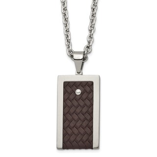 Stainless Steel Brushed & Polished Reversible w/Brown Leather Necklace