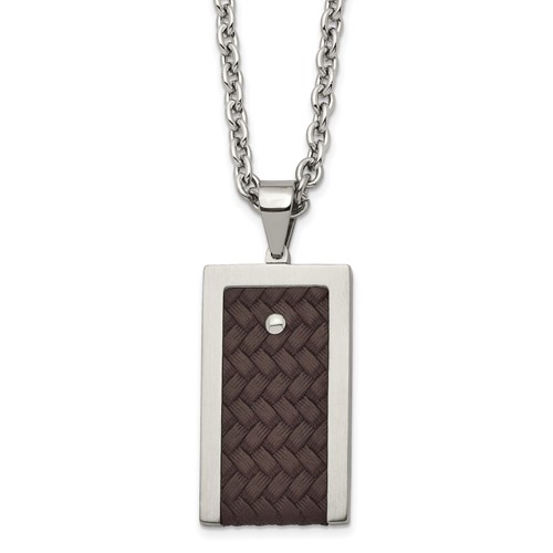 Stainless Steel Brushed & Polished Reversible Necklace with Brown Leather