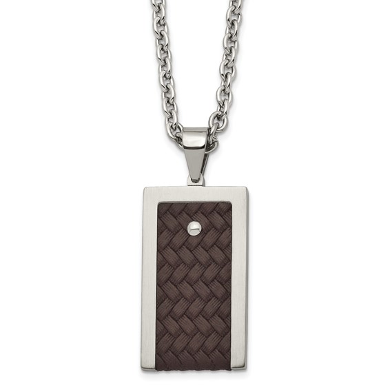 Stainless Steel Brushed & Polished Reversible w/Brown Leather Necklace