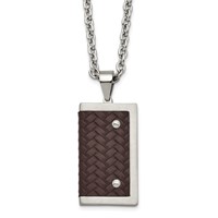 Stainless Steel Brushed & Polished Reversible Necklace with Brown Leather view 3