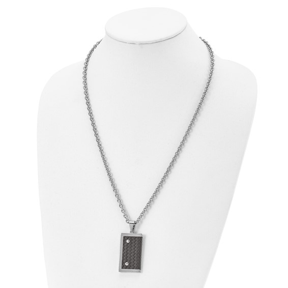 Stainless Steel Brushed & Polished Reversible w/Brown Leather Necklace