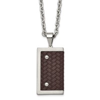 Stainless Steel Brushed & Polished Reversible Necklace with Brown Leather view 1