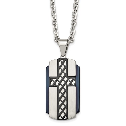 Stainless Steel Brushed and Polished Black IP-plated Cross Necklace, 24"