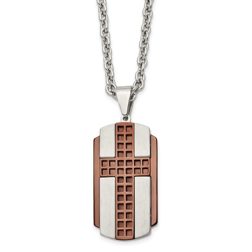 Stainless Steel Brushed & Polished Brown IP-plated Cross Necklace, 24"
