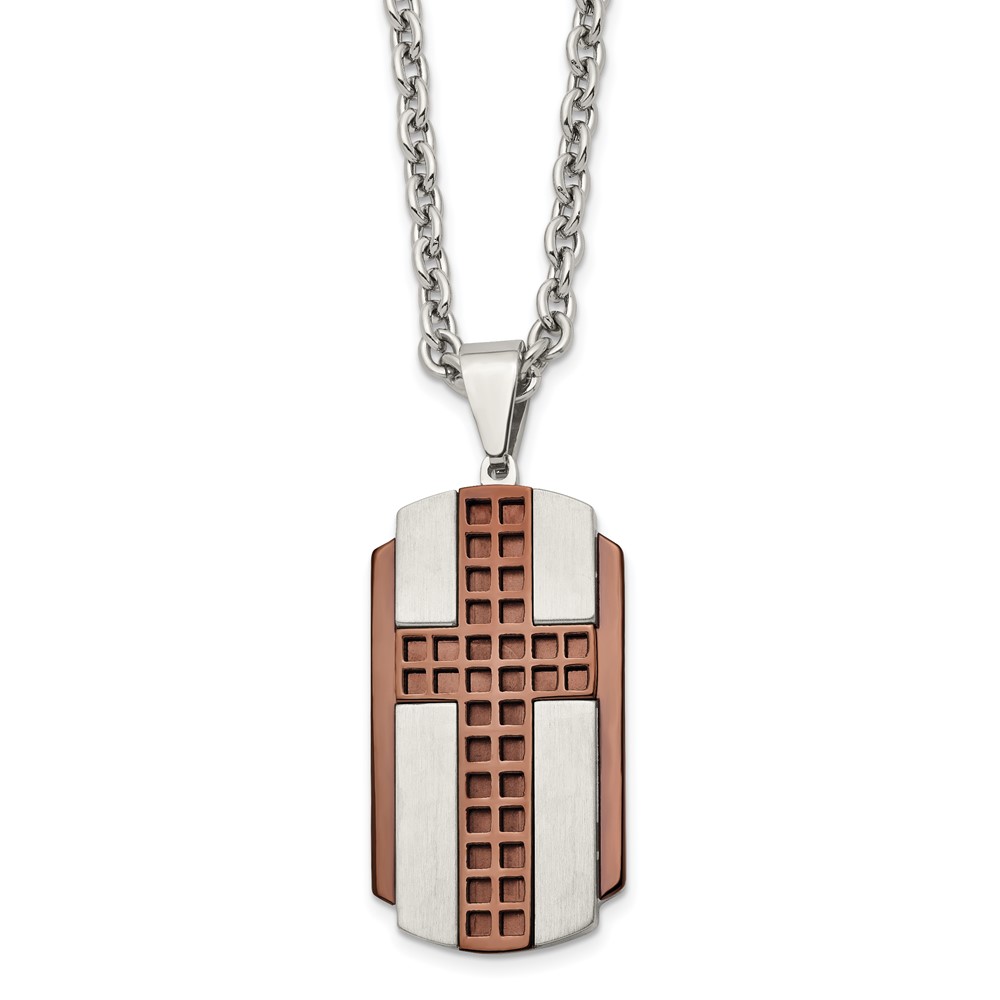 Stainless Steel Brushed & Polished Brown IP-plated Cross 24in Necklace