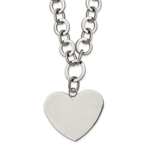 Stainless Steel Polished Large Heart Necklace with 1.75in Ext, 17.25"