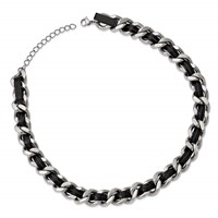 Stainless Steel Polished Black Leather Curb Necklace with Ext Choker, 2" view 2