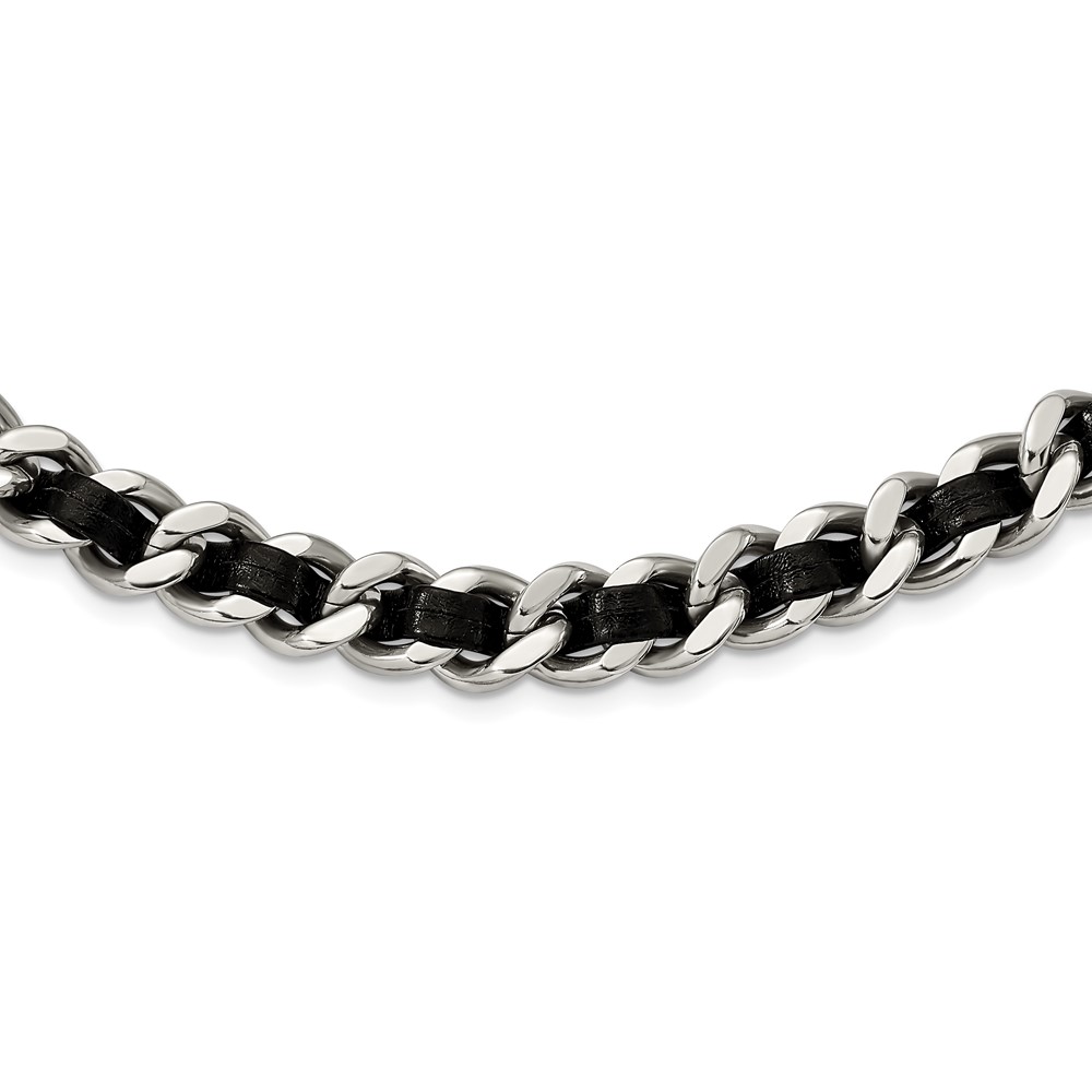 Stainless Steel Polished Black Leather Curb Necklace with Ext Choker, 2"