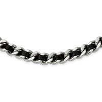 Stainless Steel Polished Black Leather Curb Necklace with Ext Choker, 2" view 1