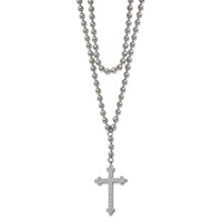Stainless Steel Polished Cross Necklace with Crystal Two Strand Beaded, 16" view 2