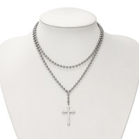 Stainless Steel Polished Cross Necklace with Crystal Two Strand Beaded, 16" view 3