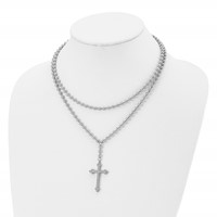 Stainless Steel Polished Cross Necklace with Crystal Two Strand Beaded, 16" view 5