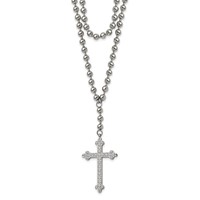 Stainless Steel Polished Cross Necklace with Crystal Two Strand Beaded, 16" view 1