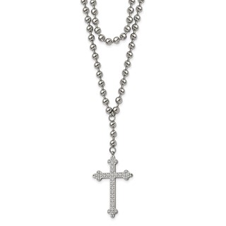 Stainless Steel Polished Cross w/Crystal Two Strand Beaded 16in Necklace