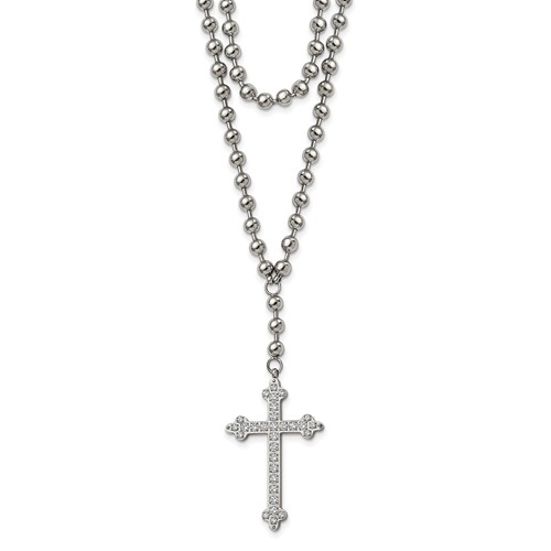 Stainless Steel Polished Cross Necklace with Crystal Two Strand Beaded, 16"