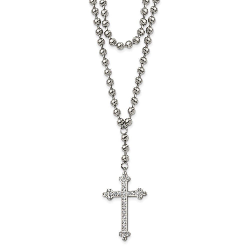 Stainless Steel Polished Cross w/Crystal Two Strand Beaded 16in Necklace