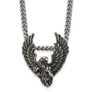 Chisel Stainless Steel Antiqued and Polished Eagle Pendant on a 24 inch Curb Chain Necklace