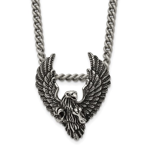 Chisel Stainless Steel Antiqued and Polished Eagle Pendant on a Curb Chain Necklace, 24"