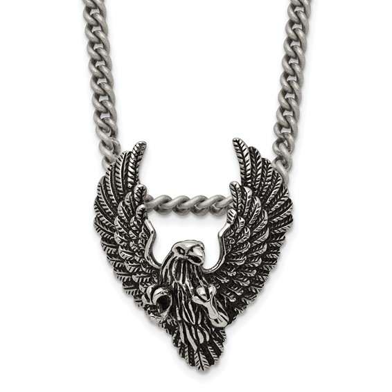 Chisel Stainless Steel Antiqued and Polished Eagle Pendant on a 24 inch Curb Chain Necklace