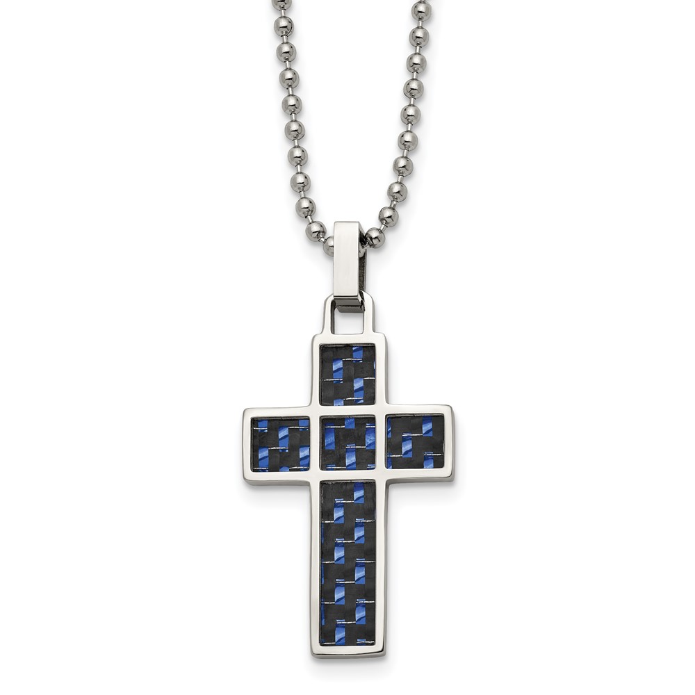 Stainless Steel Polished Black/Blue Carbon Fiber Inlay Cross 20in Necklace