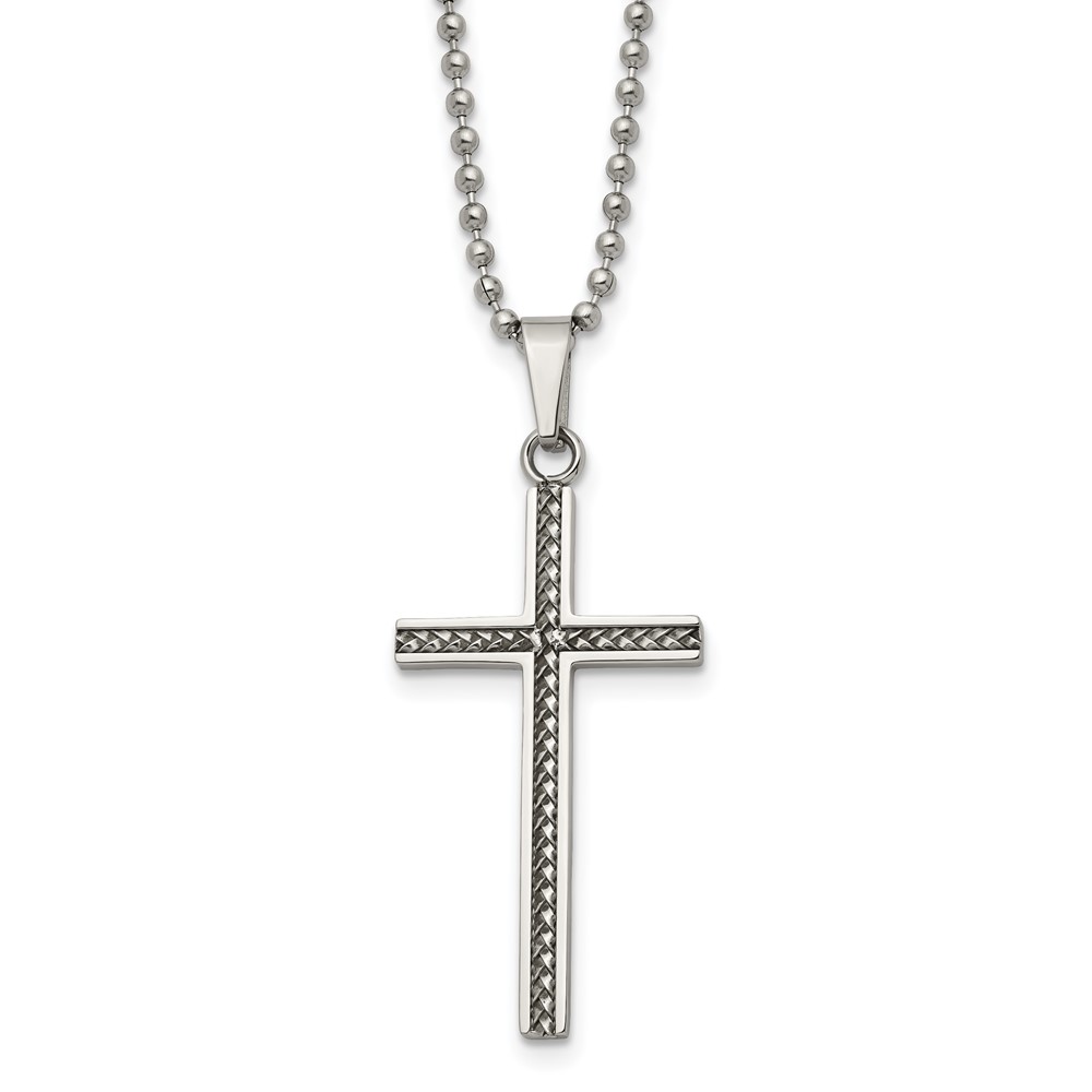 Stainless Steel Polished and Textured Cross 20in Necklace