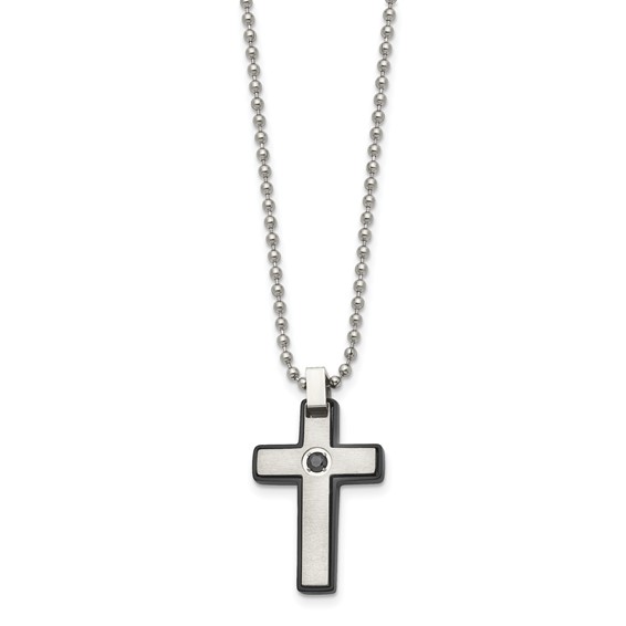 Chisel Stainless Steel Brushed and Polished Black IP-plated CZ Cross Pendant on a 20 inch Ball Chain Necklace