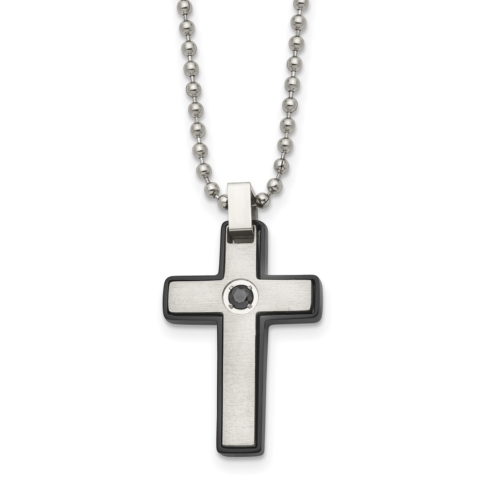 Stainless Steel Brushed and Polished Black IP CZ Black Cross Necklace