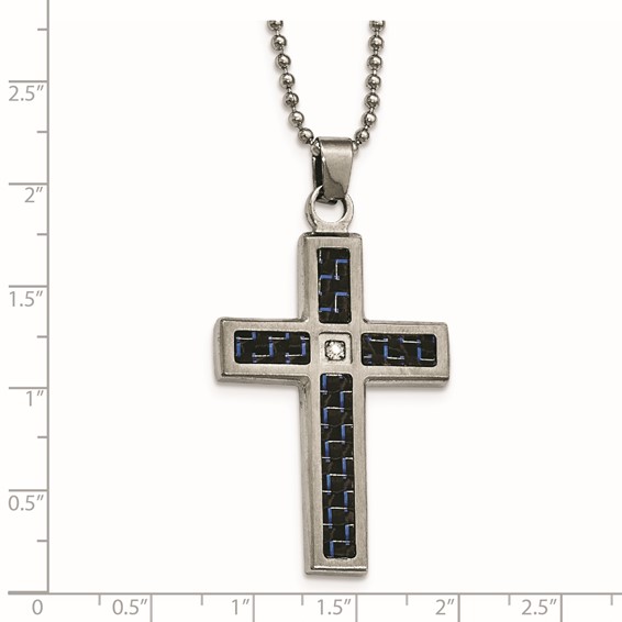 Chisel Stainless Steel Brushedand Polished Black and Blue Carbon Fiber Inlay with CZ Cross Pendant on a 22 inch Ball Chain Necklace