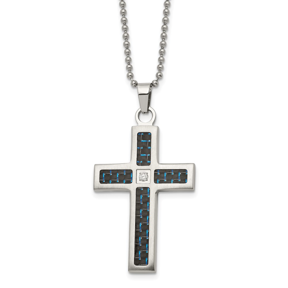 Stainless Steel Brushed/Polished Blk/Blue Carbon Fiber CZ Cross Necklace