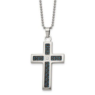 Chisel Stainless Steel Brushedand Polished Black and Blue Carbon Fiber Inlay with CZ Cross Pendant on a 22 inch Ball Chain Necklace