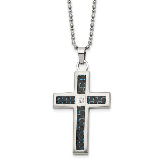 Chisel Stainless Steel Brushedand Polished Black and Blue Carbon Fiber Inlay with CZ Cross Pendant on a 22 inch Ball Chain Necklace