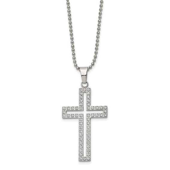 Chisel Stainless Steel Polished with CZ CutoutCross Pendant on a 22 inch Ball Chain Necklace