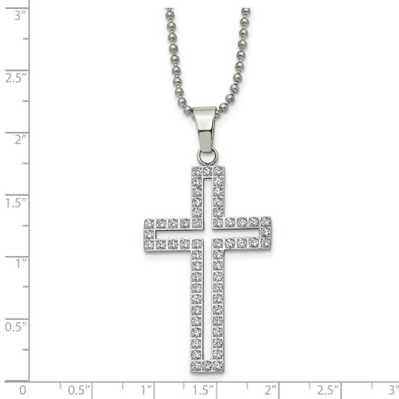 Chisel Stainless Steel Polished with CZ CutoutCross Pendant on a 22 inch Ball Chain Necklace