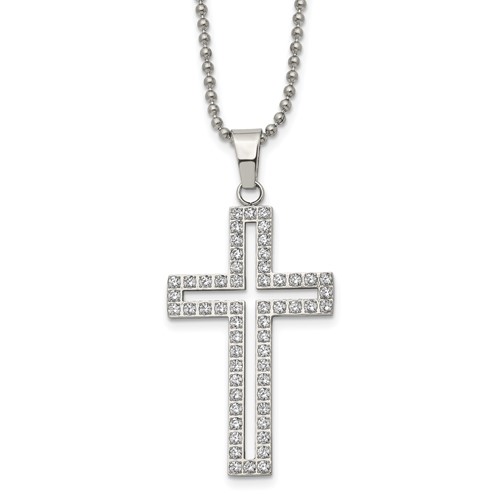 Chisel Stainless Steel Polished Necklace with CZ CutoutCross Pendant on a Ball Chain, 22"