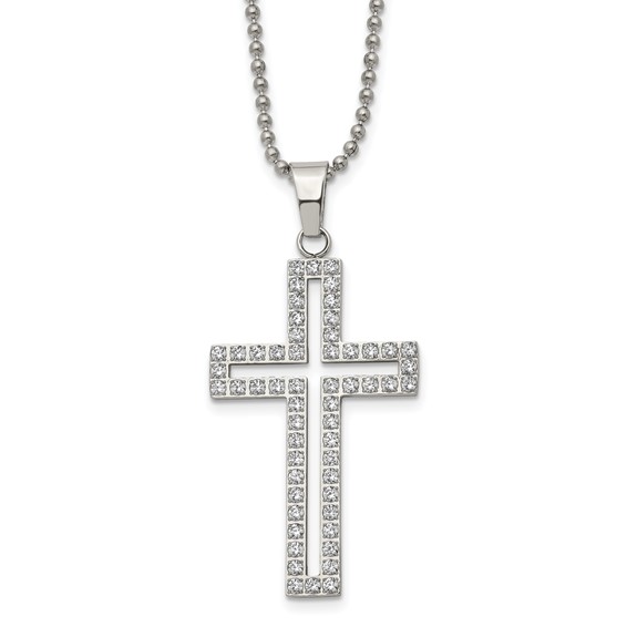 Chisel Stainless Steel Polished with CZ CutoutCross Pendant on a 22 inch Ball Chain Necklace