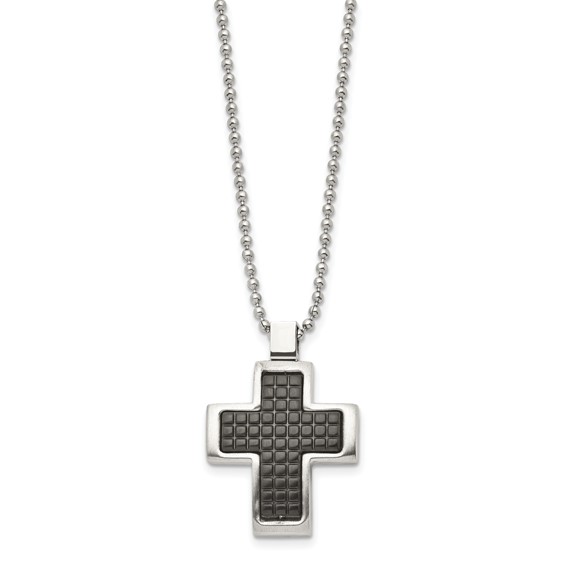 Chisel Stainless Steel Brushed Polished and Textured Black IP-plated Cross Pendant on a 22 inch Ball Chain Necklace