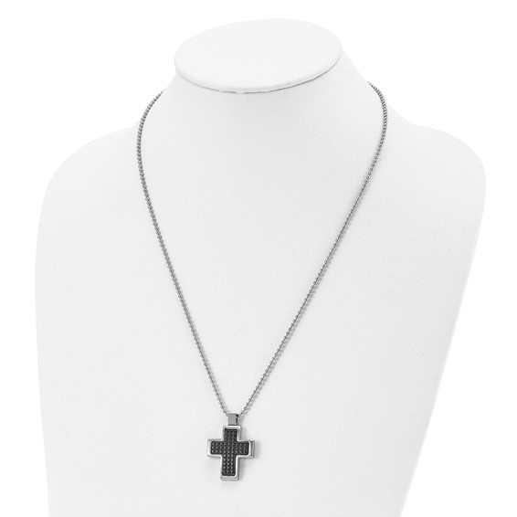 Chisel Stainless Steel Brushed Polished and Textured Black IP-plated Cross Pendant on a 22 inch Ball Chain Necklace