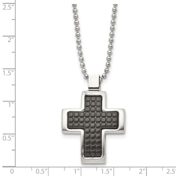 Chisel Stainless Steel Brushed Polished and Textured Black IP-plated Cross Pendant on a 22 inch Ball Chain Necklace
