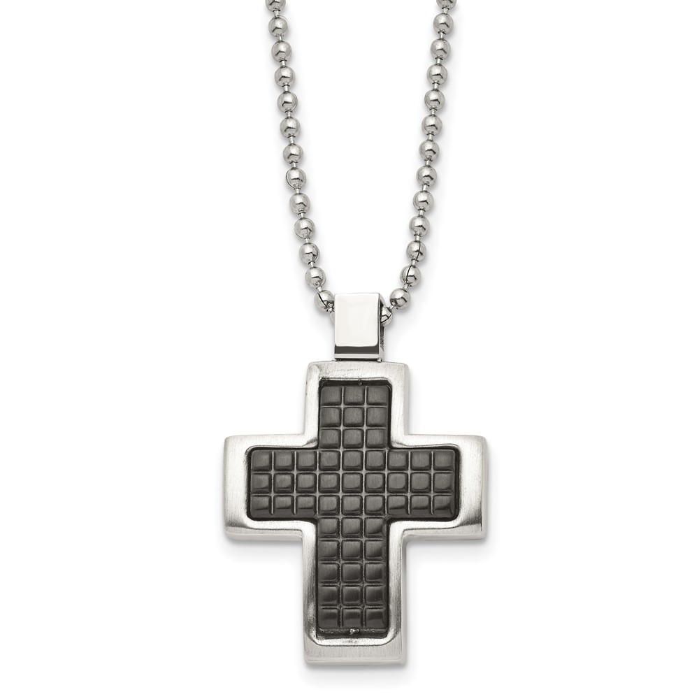 Stainless Steel Brushed Polished & Textured Black IP-plated Cross Necklace