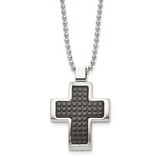 Chisel Stainless Steel Brushed Polished and Textured Black IP-plated Cross Pendant on a 22 inch Ball Chain Necklace