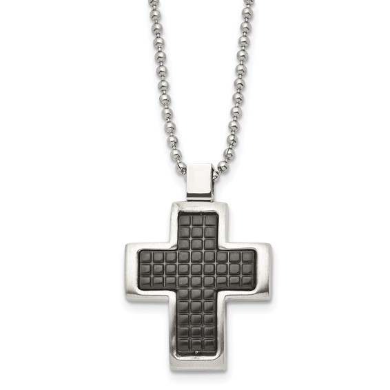 Chisel Stainless Steel Brushed Polished and Textured Black IP-plated Cross Pendant on a 22 inch Ball Chain Necklace