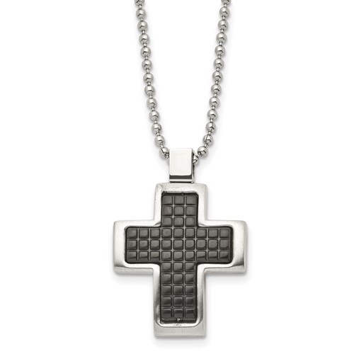 Chisel Stainless Steel Brushed Polished and Textured Black IP-plated Cross Pendant on a Ball Chain Necklace, 22"