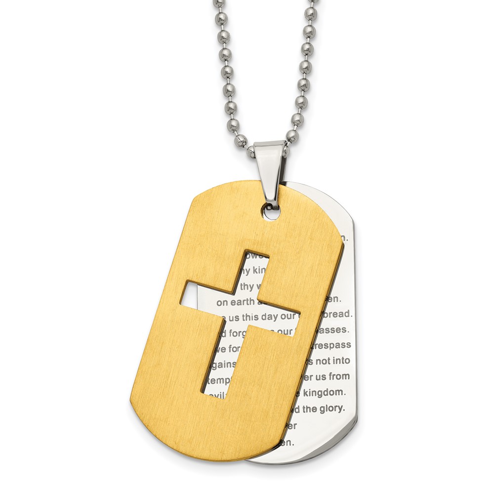 Stainless Steel Brushed and Polished Yellow IP Prayer Cross 22in Necklace