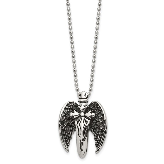 Chisel Stainless Steel Antiqued Brushed and Polished Winged Sword Pendant on a 22 inch Ball Chain Necklace