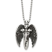 Chisel Stainless Steel Antiqued Brushed and Polished Winged Sword Pendant on a Ball Chain Necklace, 22" view 1