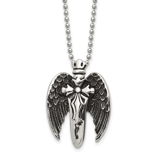 Chisel Stainless Steel Antiqued Brushed and Polished Winged Sword Pendant on a Ball Chain Necklace, 22"
