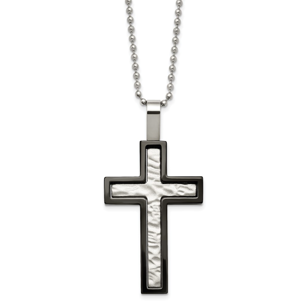 Stainless Steel Brushed and Polished Hammered Black IP Cross Necklace