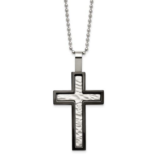 Chisel Stainless Steel Brushed and Polished Hammered Black IP-plated Cross Pendant on a Ball Chain Necklace, 24"