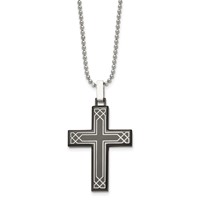 Chisel Stainless Steel Polished Laser Etched Black IP-plated Cross Pendant on a Ball Chain Necklace, 24" view 3