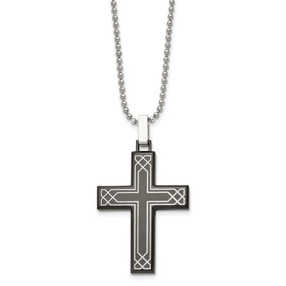 Chisel Stainless Steel Polished Laser Etched Black IP-plated Cross Pendant on a 24 inch Ball Chain Necklace